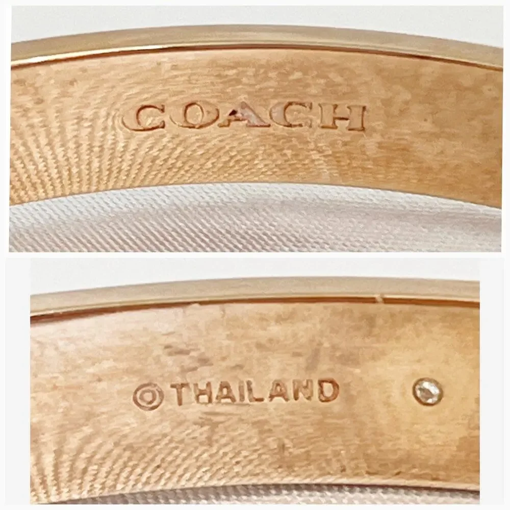 COACH Signature Push Hinged Bangle Green Enamel Rose Gold Toned Brass C Charm - Picture 5 of 10